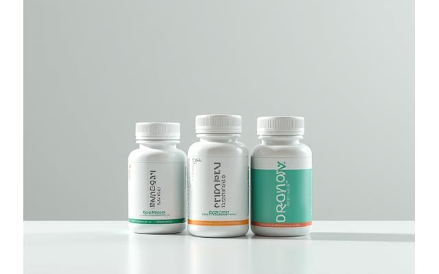 Selezione di integratori alimentari: flaconi di B12, Vitamina D3 e Omega-3 a base di alghe su una superficie pulita.
