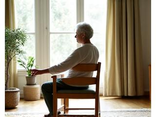 Donna anziana che pratica yoga su sedia, posa rilassante per la flessibilità.