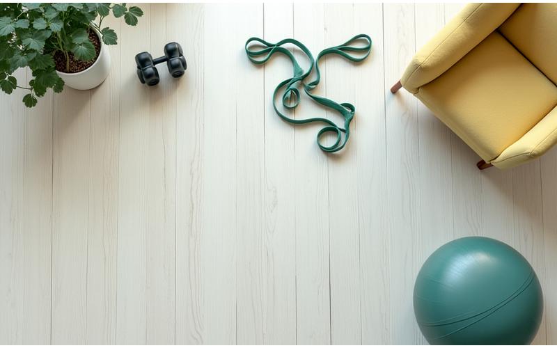 Vari attrezzi fitness low-impact: fasce di resistenza, manubri leggeri, palla da yoga, tutti su un tappetino in un ambiente domestico pulito.