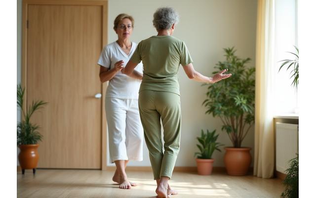 Vista laterale di una donna anziana che esegue un esercizio di equilibrio leggero con un fisioterapista, che mostra un movimento funzionale e supporto.