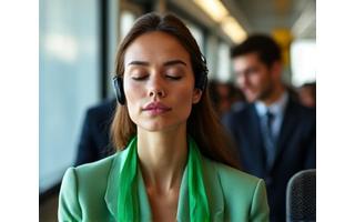 Persona serena che medita con cuffiette sul tram a Milano